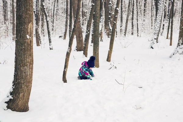 Feliz niña jugando en un hermoso parque de invierno nevado en el día de Navidad — Foto de Stock
