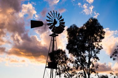 Bir çalışma vintage ülkede fırıldak günbatımı ışık veya alacakaranlık silüeti.