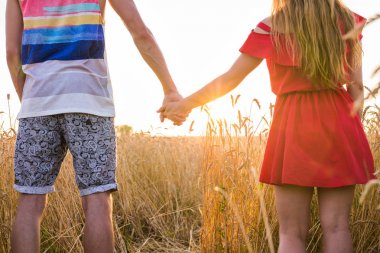 Genç çift elele buğday alanında güneşli yaz gününde, arkadan görünüm yakın çekim