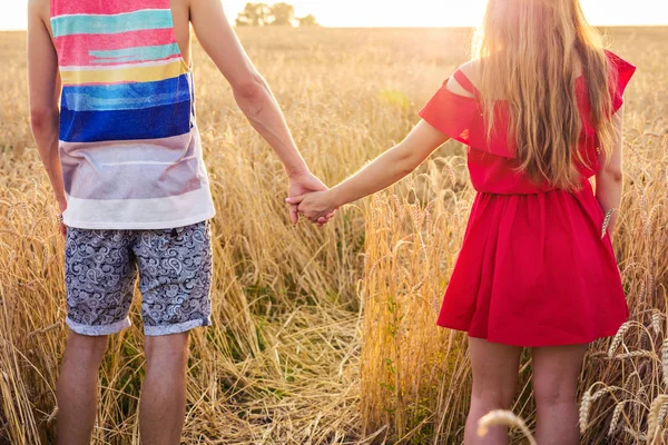Молодая пара держится за руки на пшеничном поле в солнечный летний день, вид сзади крупным планом — стоковое фото