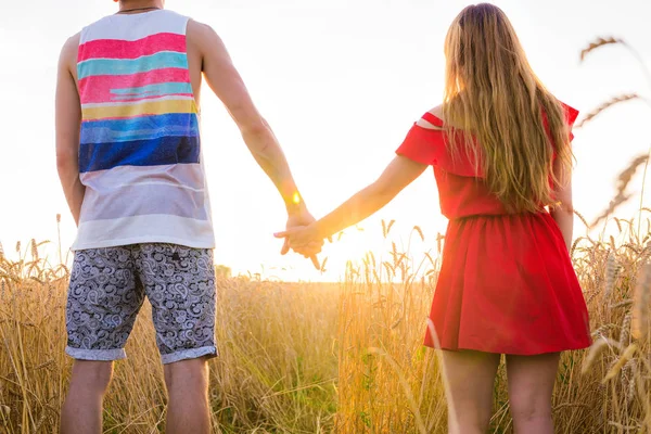 Молода пара тримає руки в пшеничному полі в сонячний літній день — стокове фото