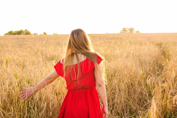 Mujer joven caminando en un campo de trigo con sol en el fondo — Foto de Stock