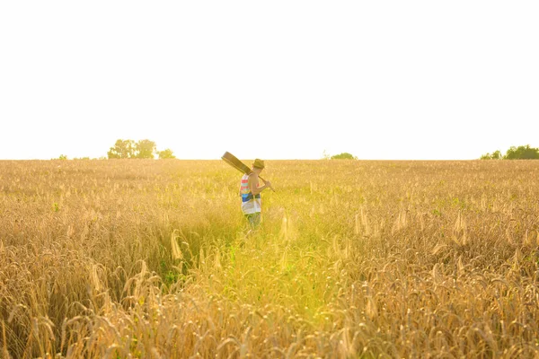 Músico sosteniendo guitarra acústica y caminando en campos de verano al atardecer . —  Fotos de Stock