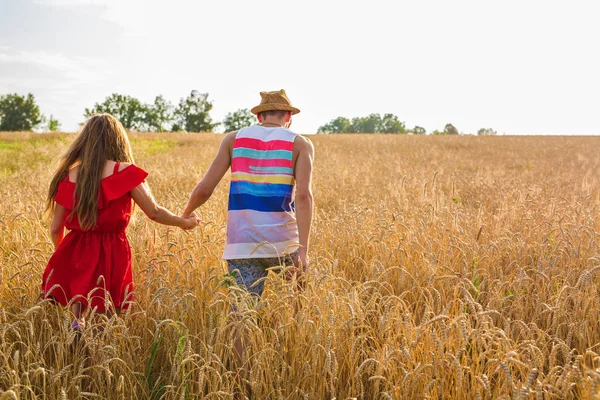 Unga par som håller händer på vetefältet på solig sommardag — Stockfoto