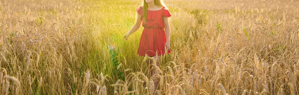 Mujer joven vestida de rojo en el primer plano de Summer Field —  Fotos de Stock