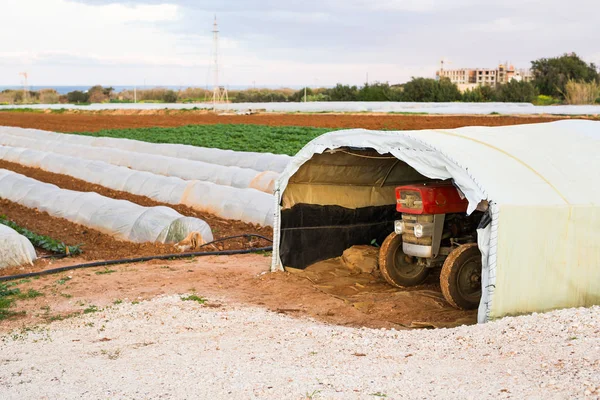 Tracteur dans le garage après avoir préparé des terres avec cultivateur de lit de semence dans le cadre des activités de pré-semis au début de la saison printanière des travaux agricoles sur les terres agricoles . — Photo