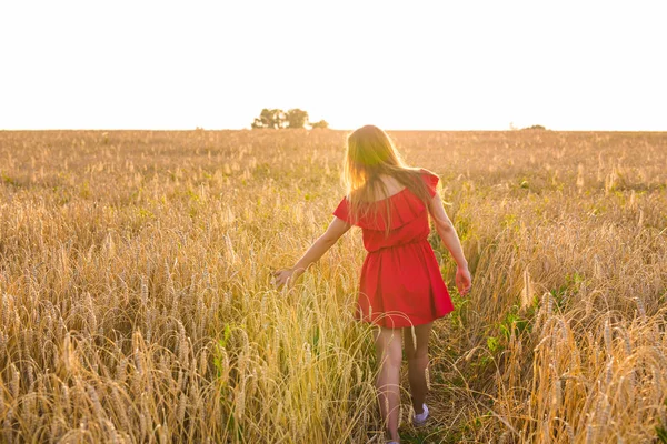 Mujer joven caminando en un campo de trigo con sol en el fondo —  Fotos de Stock