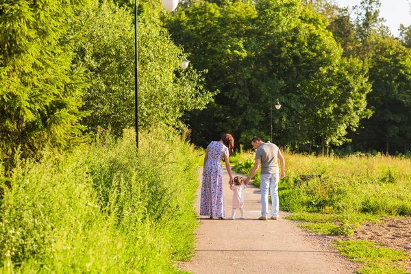 Vue arrière de la famille allant pour la promenade dans la campagne d'été . — Photo