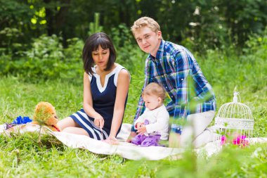 piknik ve parkta oynarken mutlu karışık ırk aile