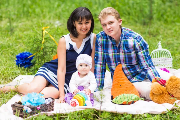 夏の草原のピクニックで幸せな家族 — ストック写真