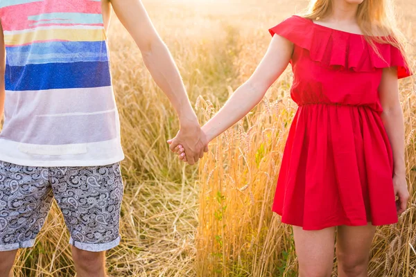 Visão traseira do belo casal de amor de mãos dadas ao ar livre sobre um fundo de campo de verão. Close-up — Fotografia de Stock