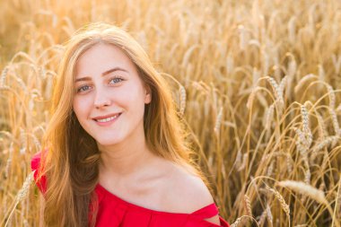 Gün batımında buğday alanında güzel genç bayan