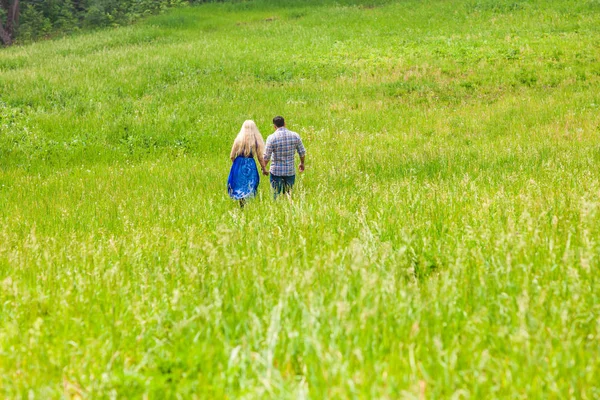 Szczęśliwa para spaceru na łące w lato natura, widok z tyłu — Zdjęcie stockowe