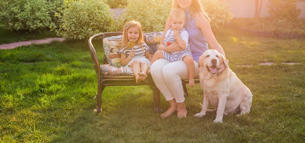 Família, animal de estimação, animal doméstico e conceito de pessoas - família feliz com labrador retriever jardim de verão cão — Fotografia de Stock