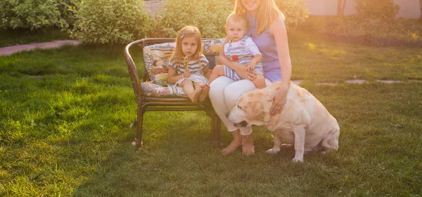 Anya és lánya és fia, a kertben, egy Arany-Vizsla kutya — Stock Fotó