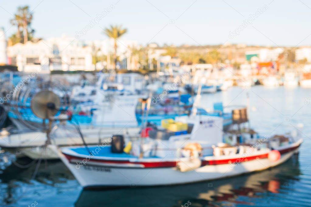 Blurred background. Yachts in the port. Boat harbor