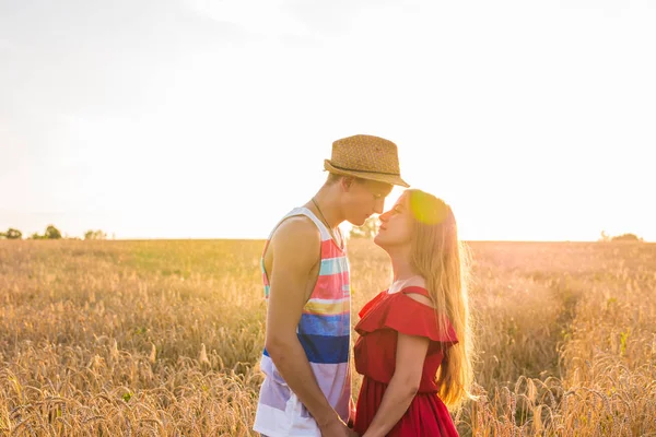 Молода пара кохання цілується на полі на сонячному світлі — стокове фото