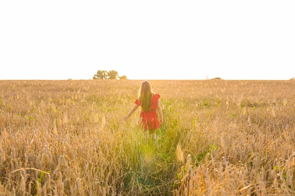 Країна, природа, літні канікули, відпустка та концепція людей щаслива молода жінка в червоній сукні на зерновому полі — стокове фото