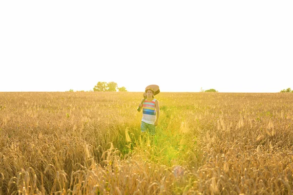 Jeune homme hipster tenant une guitare avec une promenade dans la nature, Se détendre dans le champ par une journée ensoleillée . — Photo