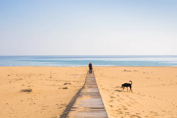 Homem com cão caminhando no caminho de madeira na praia e olhando para a distância do oceano — Fotografia de Stock