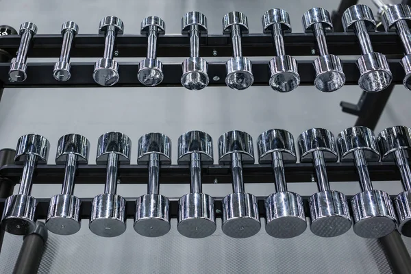 Rows of metal dumbbells on rack in the gym or sport club. Weight Training Equipment. — Stock Photo, Image