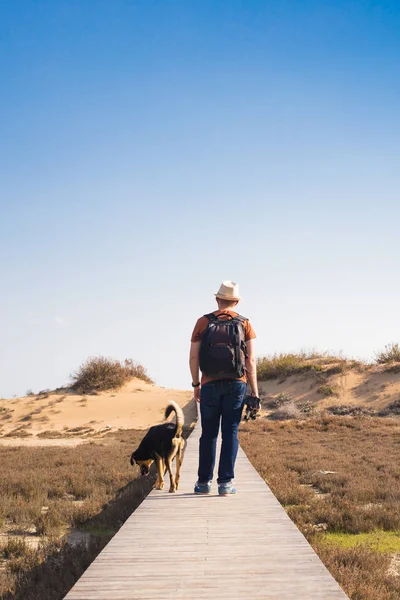 Vista desde atrás de un hombre caminando con su perro en un camino que conduce a través de un hermoso paisaje — Foto de Stock