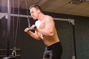 Güçlü kas vücut geliştirmeci spor salonunda egzersiz yapmak. Fitness eğitimi