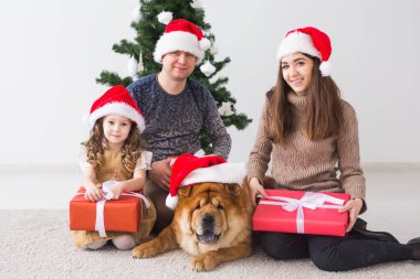 Evcil hayvan, tatil ve festival konsepti - Köpekli aile yılbaşı ağacının yanında oturuyor.