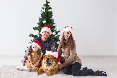 Evcil hayvan, tatil ve festival konsepti - Köpekli aile yılbaşı ağacının yanında oturuyor.
