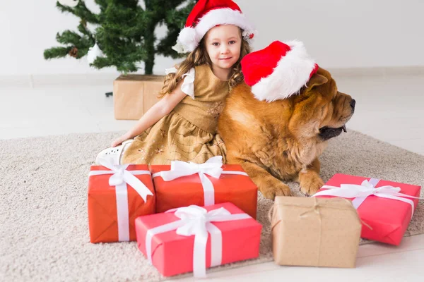 Kinder-und Haustier-Konzept - niedliches Mädchen mit Chow-Hund sitzt neben dem Weihnachtsbaum. Frohe Weihnachten und frohe Feiertage. — Stockfoto