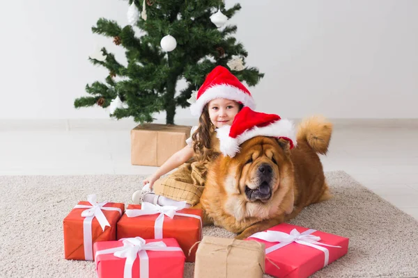 Los niños y el concepto de mascotas - Linda chica con perro de la comida sentado cerca del árbol de Navidad. Feliz Navidad y Felices Fiestas . — Foto de Stock