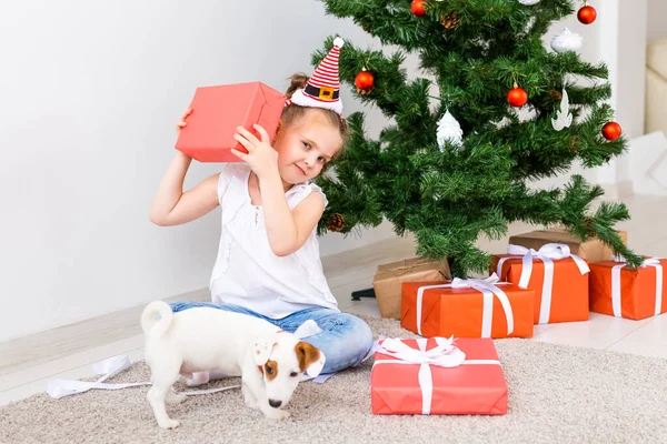 Vánoce, domácí mazlíčci a dovolená koncept - Dítě v santa klobouku s jack Russell teriér štěně — Stock fotografie