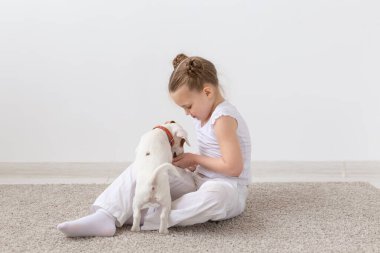 Evde beslenen hayvan, çocuk ve hayvan kavramı - katta oturan ve köpek yavrusu besleme çekici çocuk kız