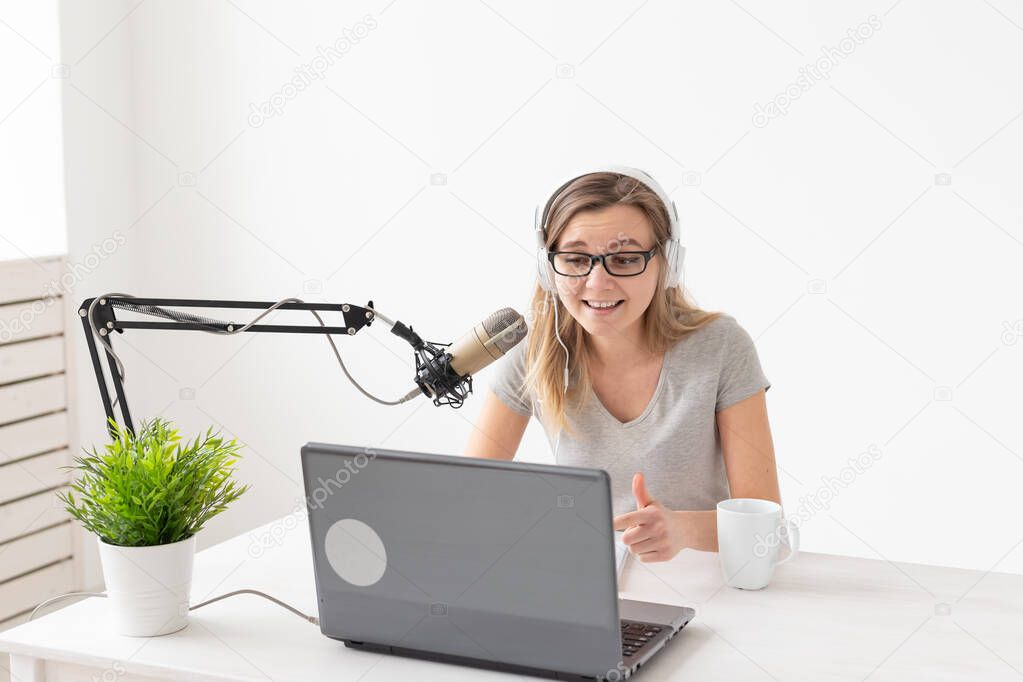 Podcasting, dj and broadcast concept - Presenter or host in radio station hosting show for radio
