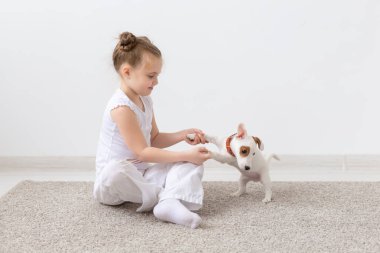 insanlar, çocuk ve pets kavramı - sevimli köpek Jack Russell Terrier ile katta oturan küçük çocuk kız