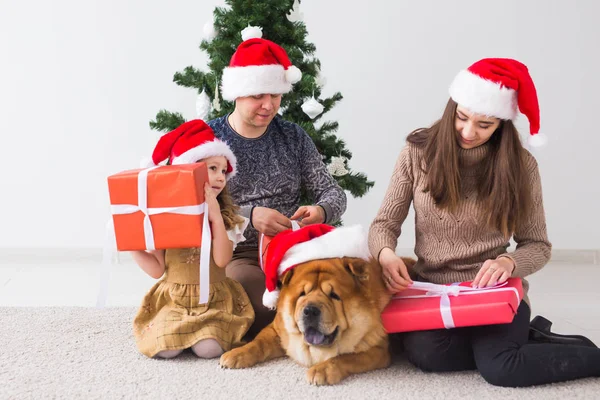 Κατοικίδια ζώα, γιορτές και εορταστική έννοια - Οικογένεια με σκύλο κάθονται στο πάτωμα κοντά στο χριστουγεννιάτικο δέντρο. — Φωτογραφία Αρχείου