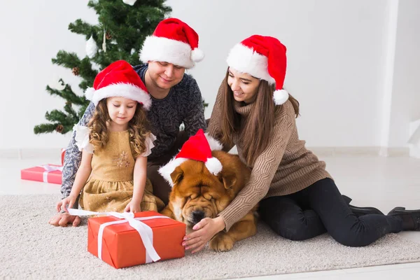 Domácí mazlíčci, dovolená a slavnostní koncept - Rodina se psem sedí na podlaze u vánočního stromku. — Stock fotografie