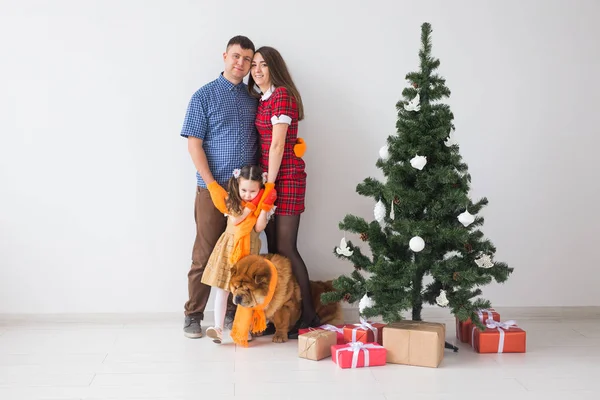 Mascotas, vacaciones y concepto festivo - Familia con perro están de pie cerca del árbol de Navidad . — Foto de Stock