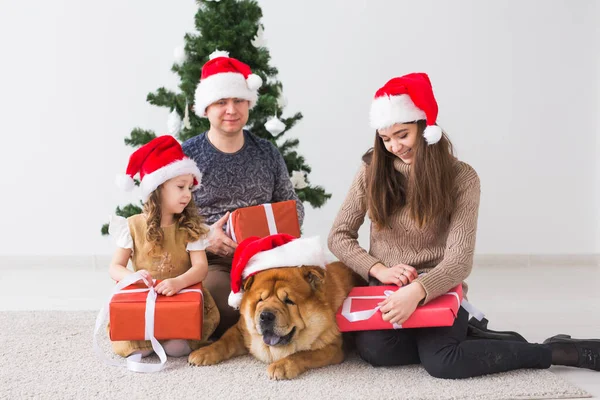 Zwierzęta domowe, wakacje i świąteczne pojęcie - Rodzina z psem siedzą na podłodze w pobliżu choinki. — Zdjęcie stockowe