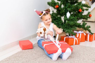 Noel, evcil hayvanlar ve tatil konsepti - Noel Baba şapkalı çocuk ve Jack Russell Terrier köpeği