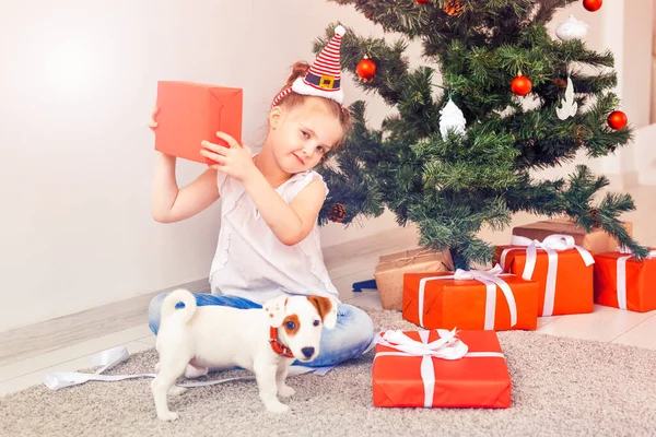 Natale, animali domestici e vacanze concetto - Bambino in cappello di Babbo Natale con un cucciolo jack russell terrier — Foto Stock