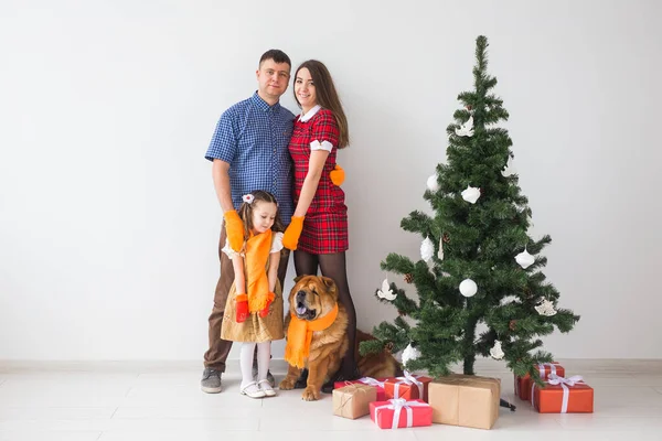 Mascotas, vacaciones y concepto festivo - Familia con perro están de pie cerca del árbol de Navidad . — Foto de Stock