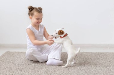 insanlar, çocuk ve pets kavramı - sevimli köpek Jack Russell Terrier ile katta oturan küçük çocuk kız
