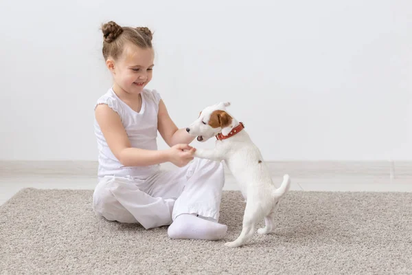 Concepto de personas, niños y mascotas - niña pequeña sentada en el suelo con un lindo cachorro Jack Russell Terrier — Foto de Stock