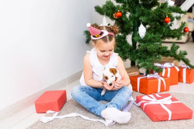 Noel, evcil hayvanlar ve tatil konsepti - Noel Baba şapkalı çocuk ve Jack Russell Terrier köpeği