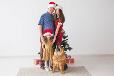 Evcil hayvan, tatil ve festival konsepti. Köpekli aile Noel ağacının yanında duruyor..