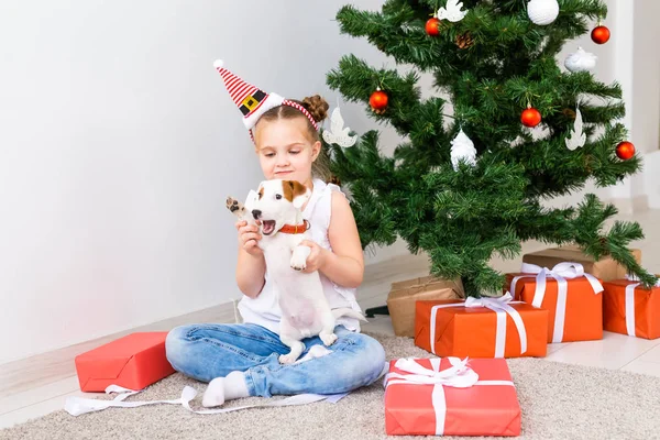 Boże Narodzenie, zwierzęta domowe i wakacje koncepcja - Dziecko w kapeluszu Santa z Jack Russell Terrier szczeniak — Zdjęcie stockowe