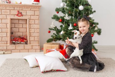 Evcil hayvanlar, tatiller ve Noel konsepti - Noel ağacının yanında yavru köpek Jack Russell Terrier ile oynayan kız çocuğu