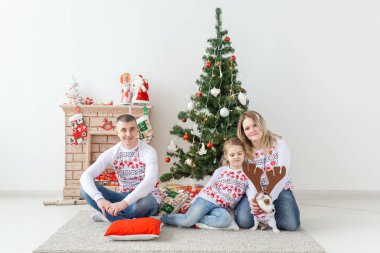 Tatiller ve festival konsepti - Noel ağacından mutlu aile portresi