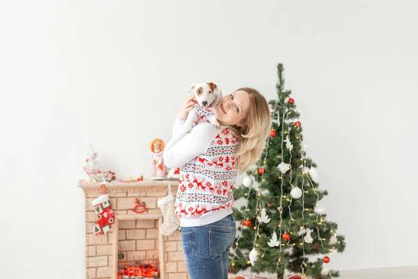 Animais de estimação e conceito animal - Mulher bonita com cachorro engraçado Jack Russell Terrier — Fotografia de Stock